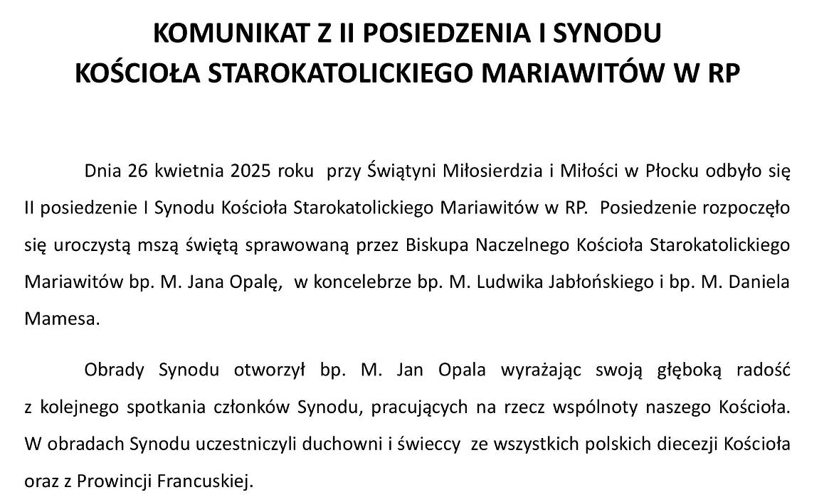 Komunikat z II Posiedzenia Synodu Kościoła Starokatolickiego Mariawitów
